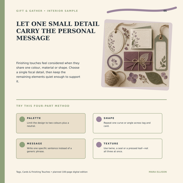 Contents preview of Tags, Cards &  Finishing Touches, a GIFT & GATHER digital guide.