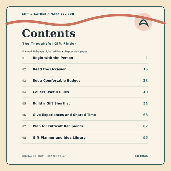 Contents preview with chapter start pages for The Thoughtful Gift Finder.