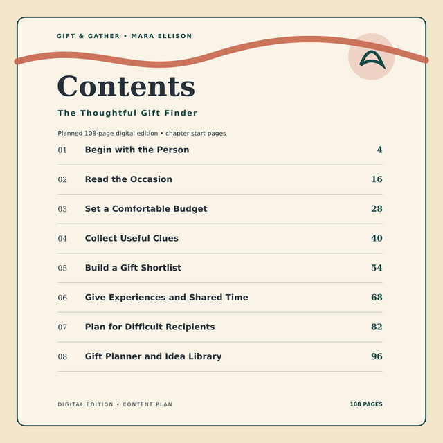 Contents preview of The Thoughtful Gift Finder, a GIFT & GATHER digital guide.